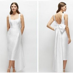 ALFRED SUNG White Satin Midi Dress with Back Bow